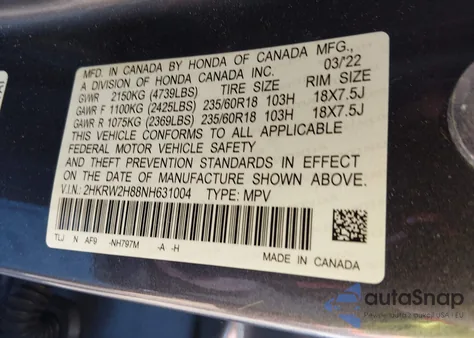 2022 Honda Cr-V Awd Ex-L z USA, uszkodzony, nr VIN 2HKRW2H88NH631004